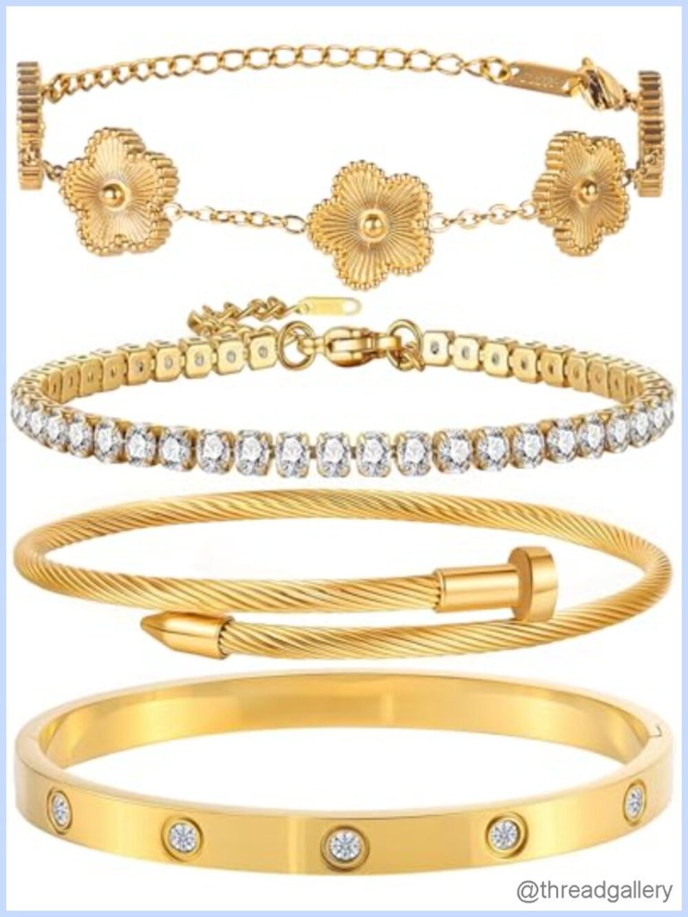 18K Gold Plated Bangle Bracelet Set Stackable Floral Tennis Adjustable